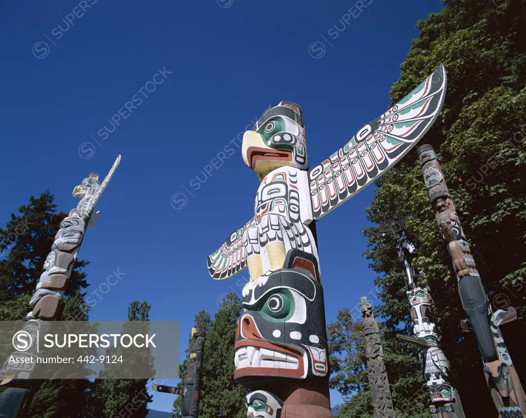 Low angle view of totem poles, Stanley Park, Vancouver, British Columbia, Canada