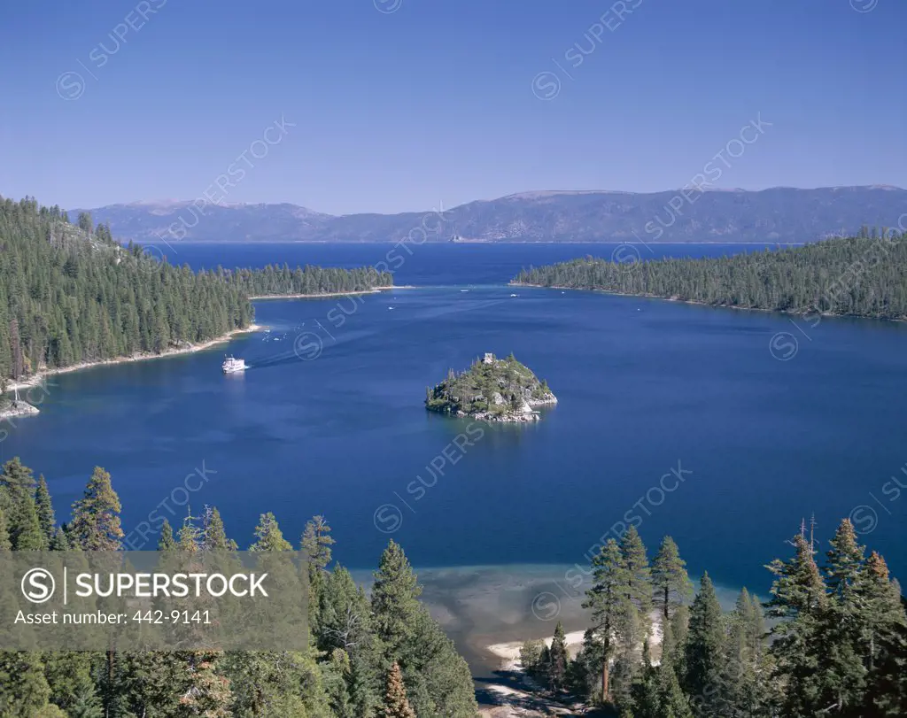Panoramic view of a bay, Emerald Bay, Lake Tahoe, Tahoe, California, USA