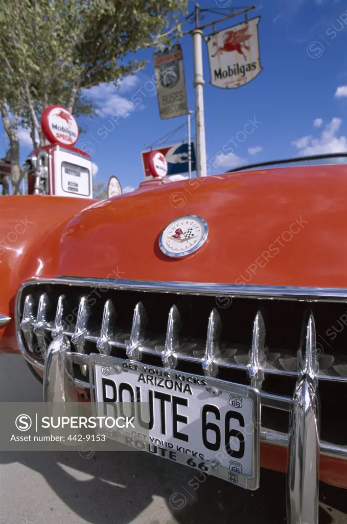 Close-up of a red 1957 Chevrolet Corvette at a gas station, Route 66, Hackberry, Arizona, USA
