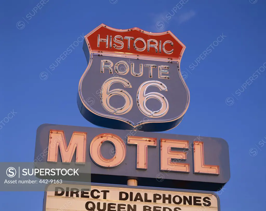 Low angle view of a Route 66 Motel sign, Route 66, Seligman, Arizona, USA