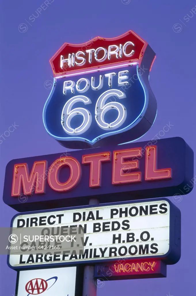 Low angle view of a Route 66 Motel sign, Route 66, Seligman, Arizona, USA