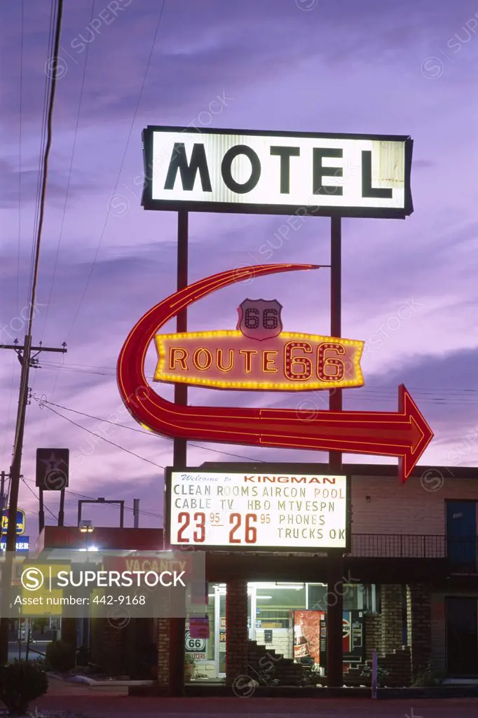 Route 66 Motel sign lit up, Kingman, Arizona, USA