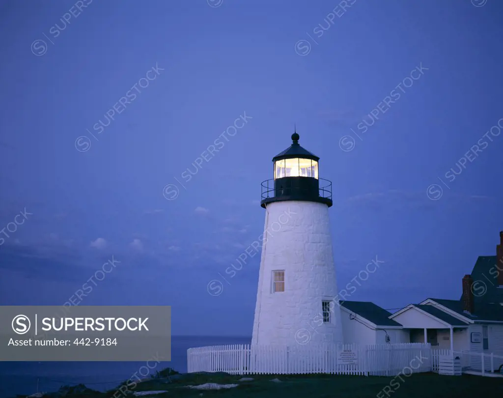 Lighthouse lit up at dusk, Pemaquid Point Lighthouse, Pemaquid Point, Maine, USA
