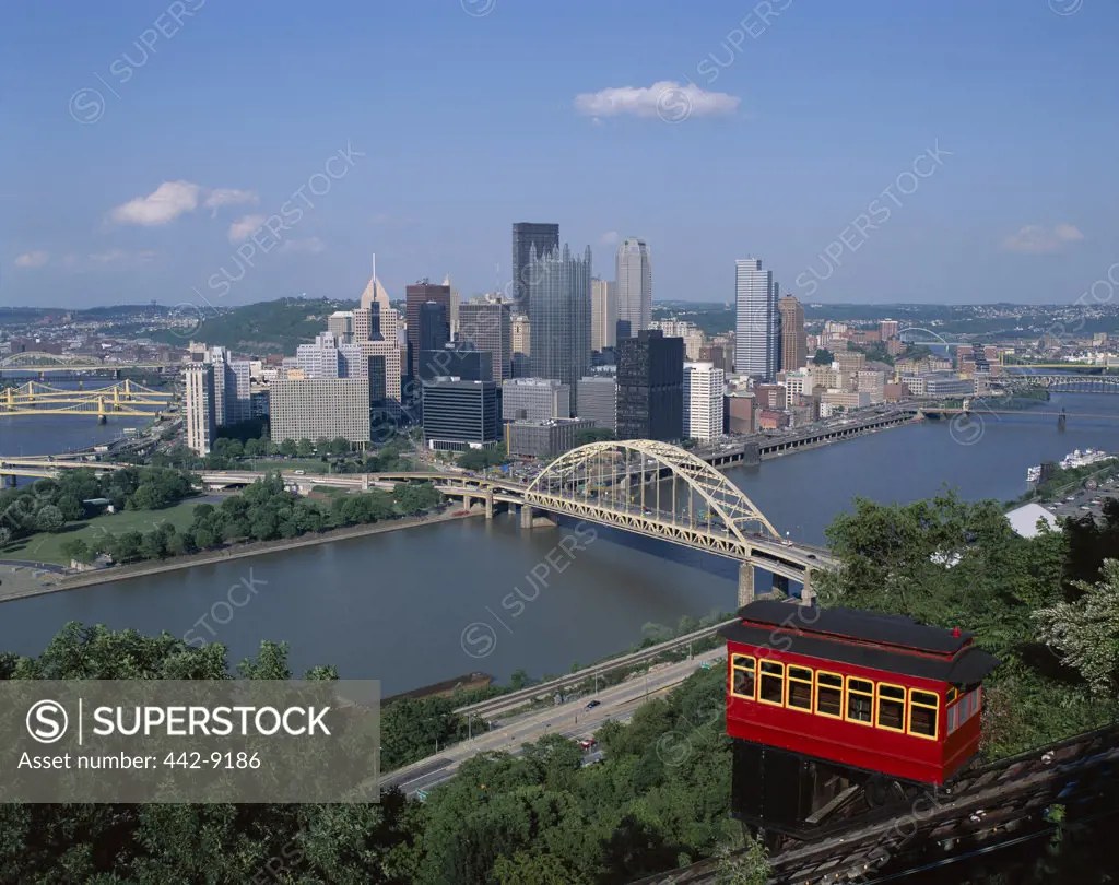 High angle view of a Duquesne Incline Cable Car and the Ohio River, Pittsburgh, Pennsylvania, USA