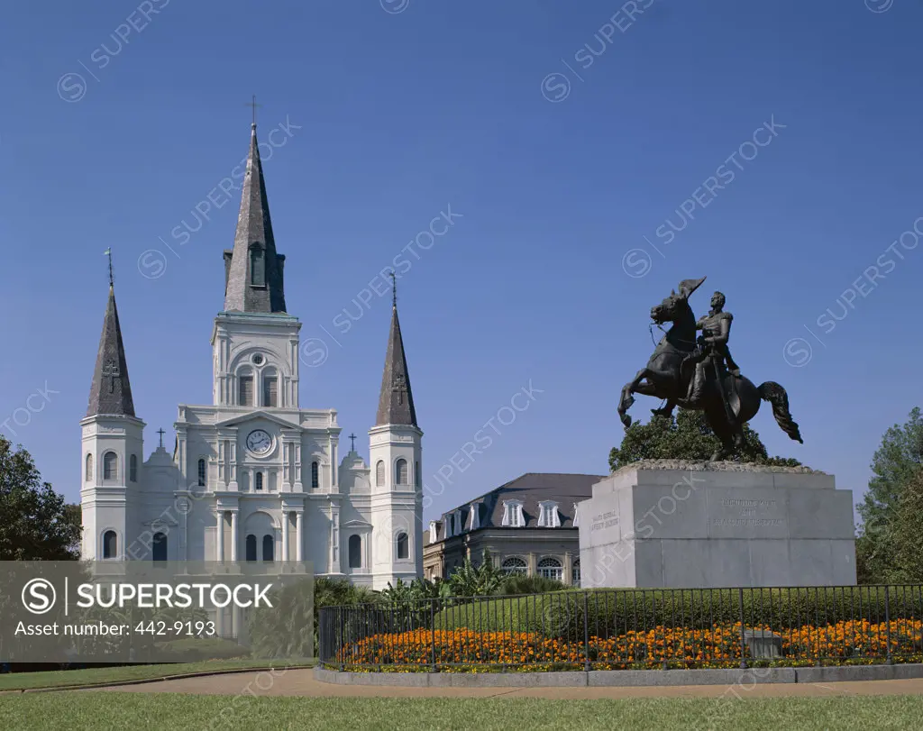Facade of a cathedral, St. Louis Cathedral and Statue of General Andrew Jackson, Jackson Square, New Orleans, Louisiana, USA