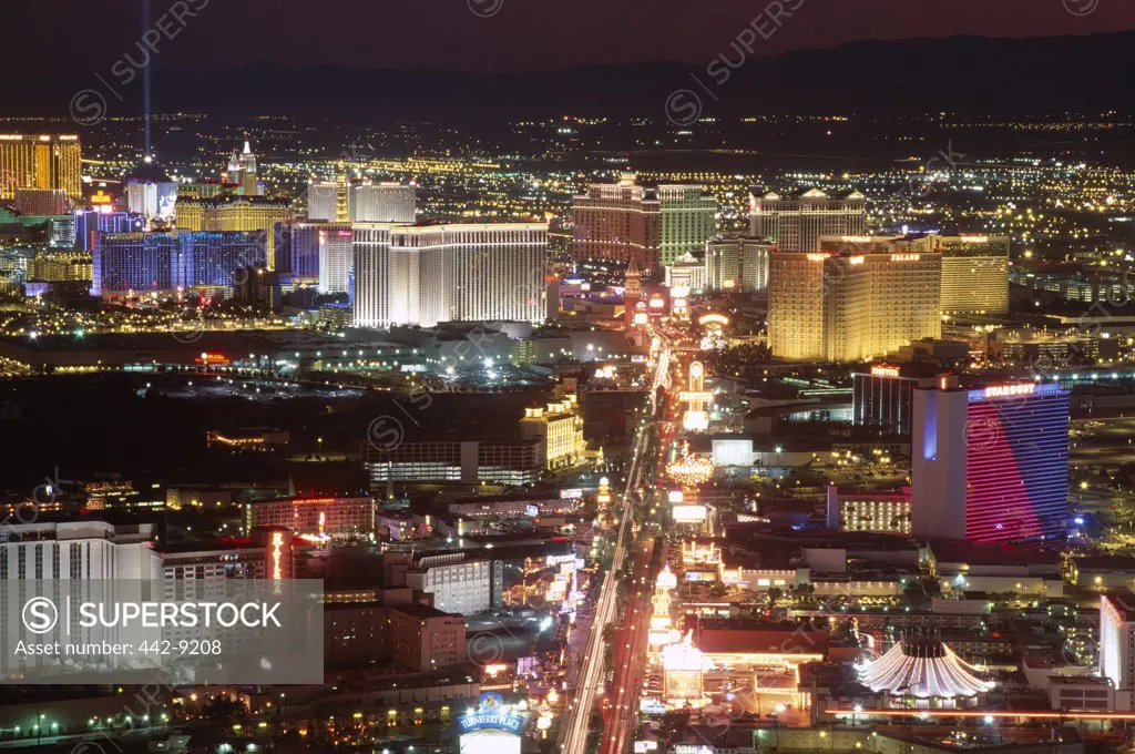 High angle view of buildings lit up at night, Las Vegas, Nevada, USA