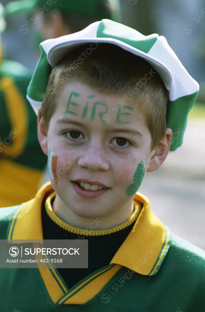 Portrait of a boy dressed in Irish colors, St. Patricks Day, Dublin, Ireland