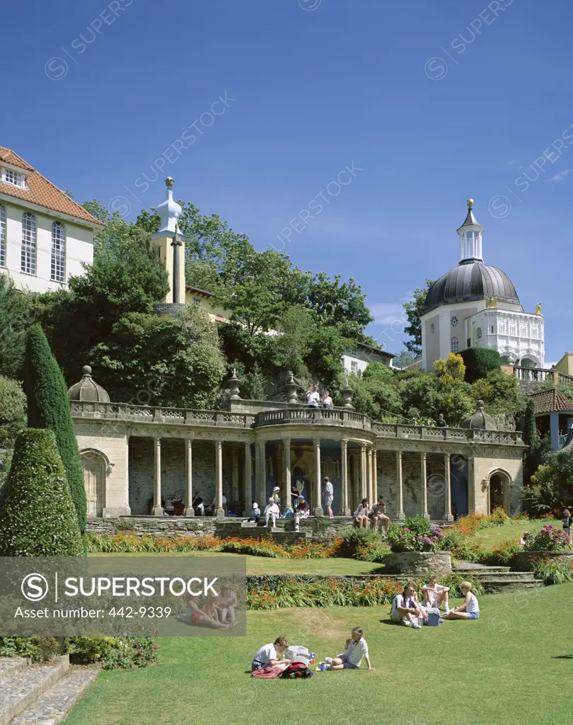 High angle view of people in a garden, Portmeirion, Wales