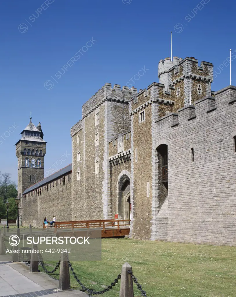 Low angle view of Cardiff Castle, Cardiff, Wales