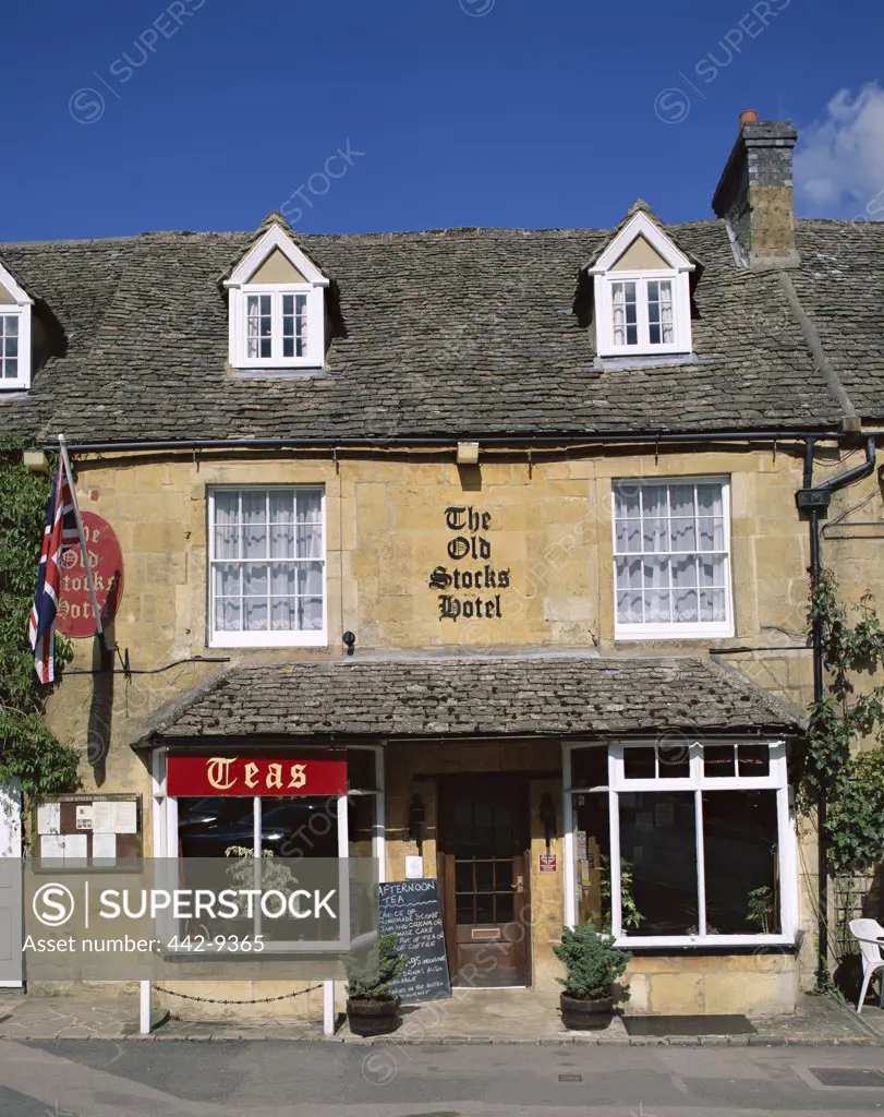 Facade of the Old Stocks Hotel, Stow-on-the-Wold, Cotswolds, Gloucestershire, England