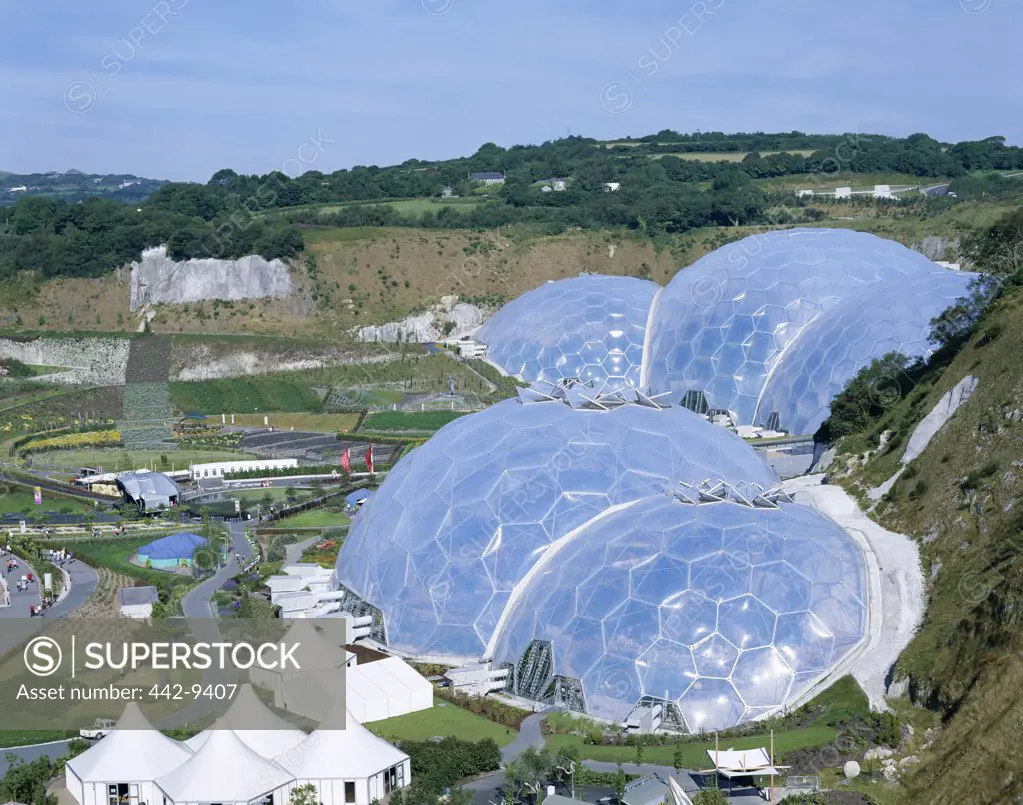 High angle view of domes, Eden Project, Cornwall, England