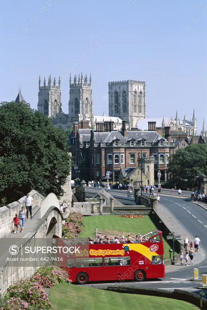High angle view of an open-air bus, York Minster Cathedral, York, North Yorkshire, England