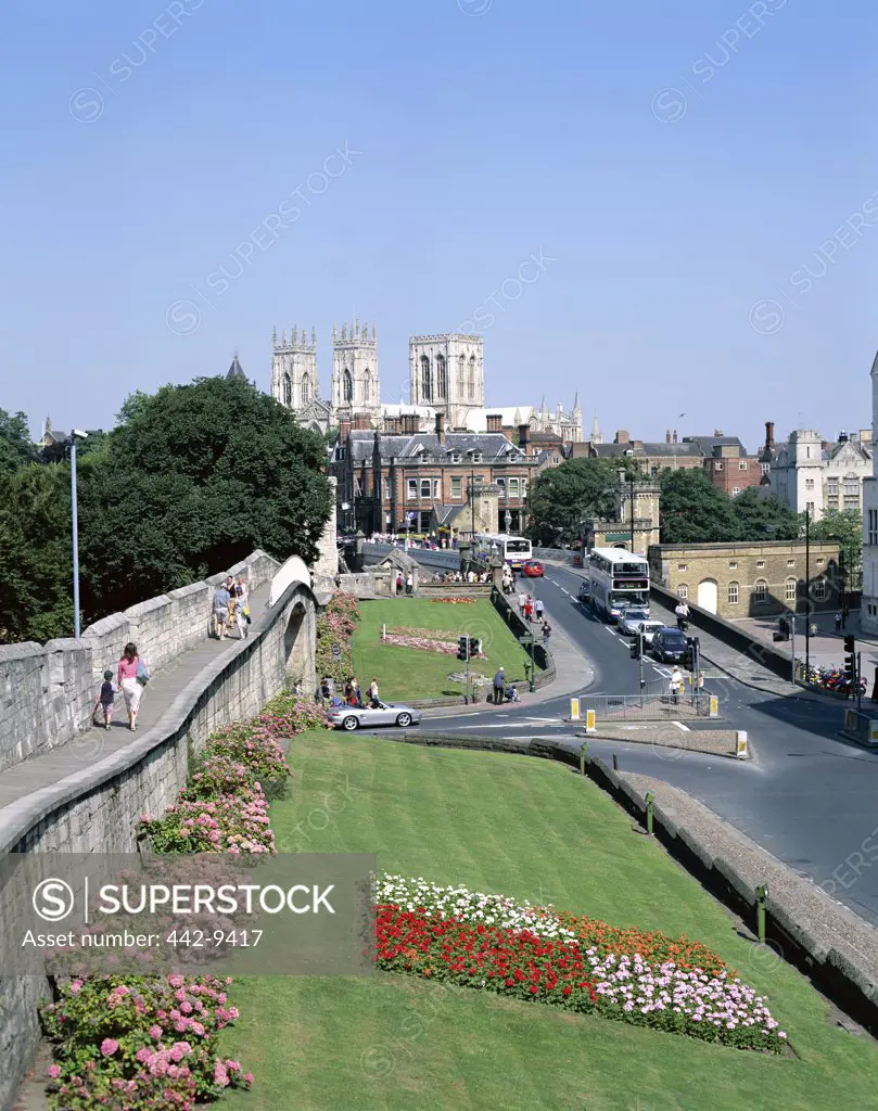 High angle view of gardens at the side of a road, York Minster Cathedral, York, North Yorkshire, England