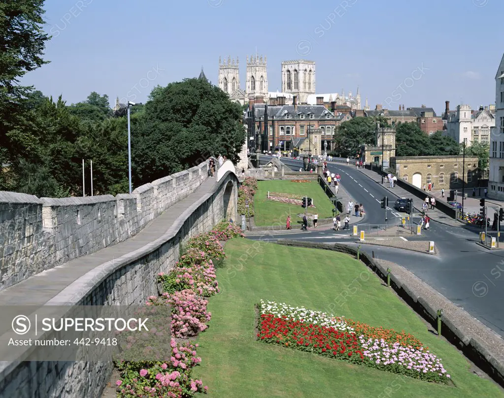 High angle view of gardens at the side of a road, York Minster Cathedral, York, North Yorkshire, England