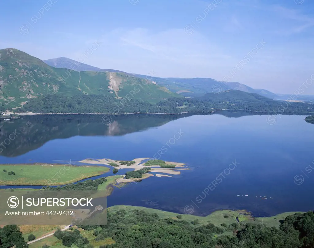 High angle view of a lake, Derwent Water, Lake District, Cumbria, England