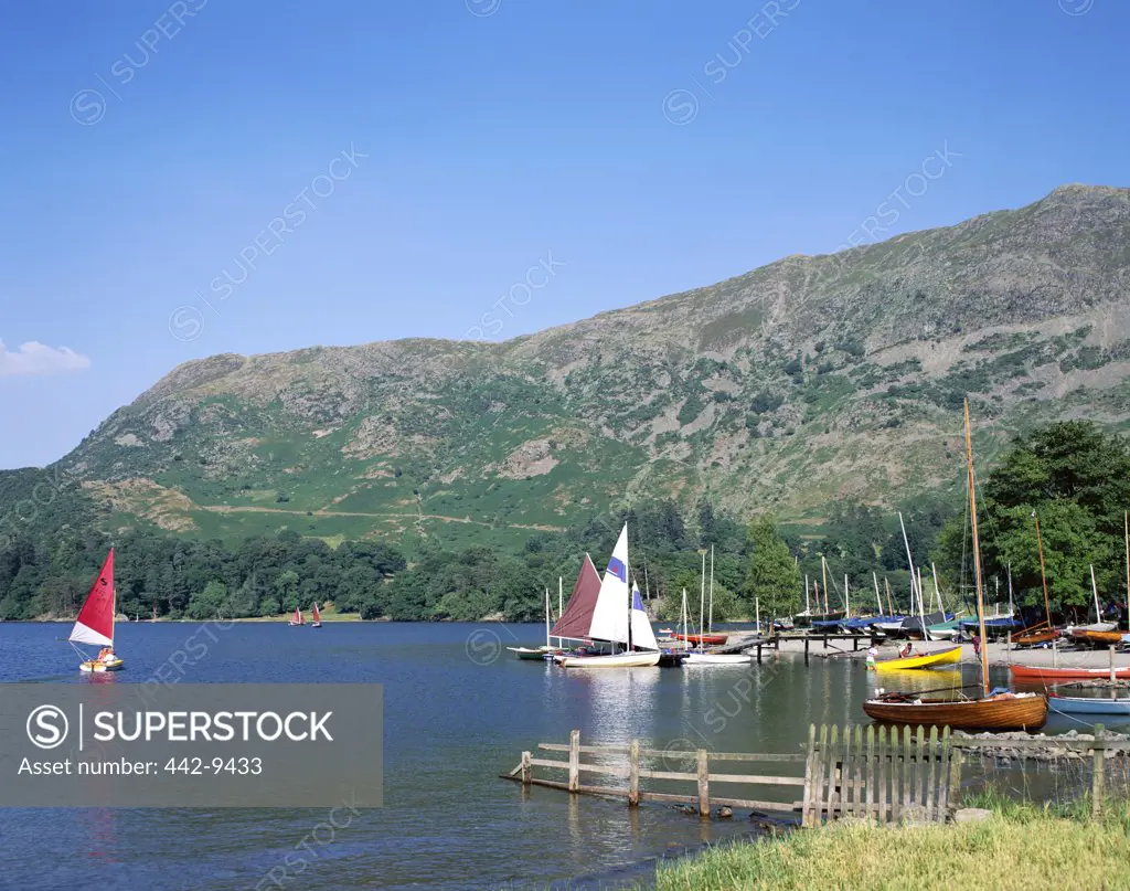 Sailboats on a lake, Ullswater, Lake District, Cumbria, England