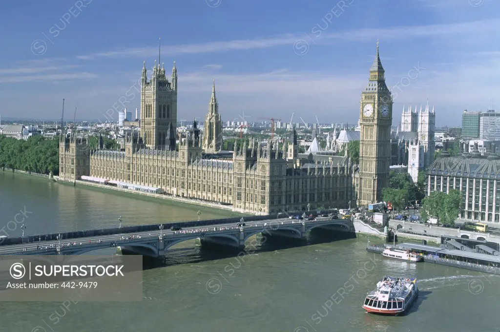 High angle view of the Thames River and Houses of Parliament from the London Eye, London, England