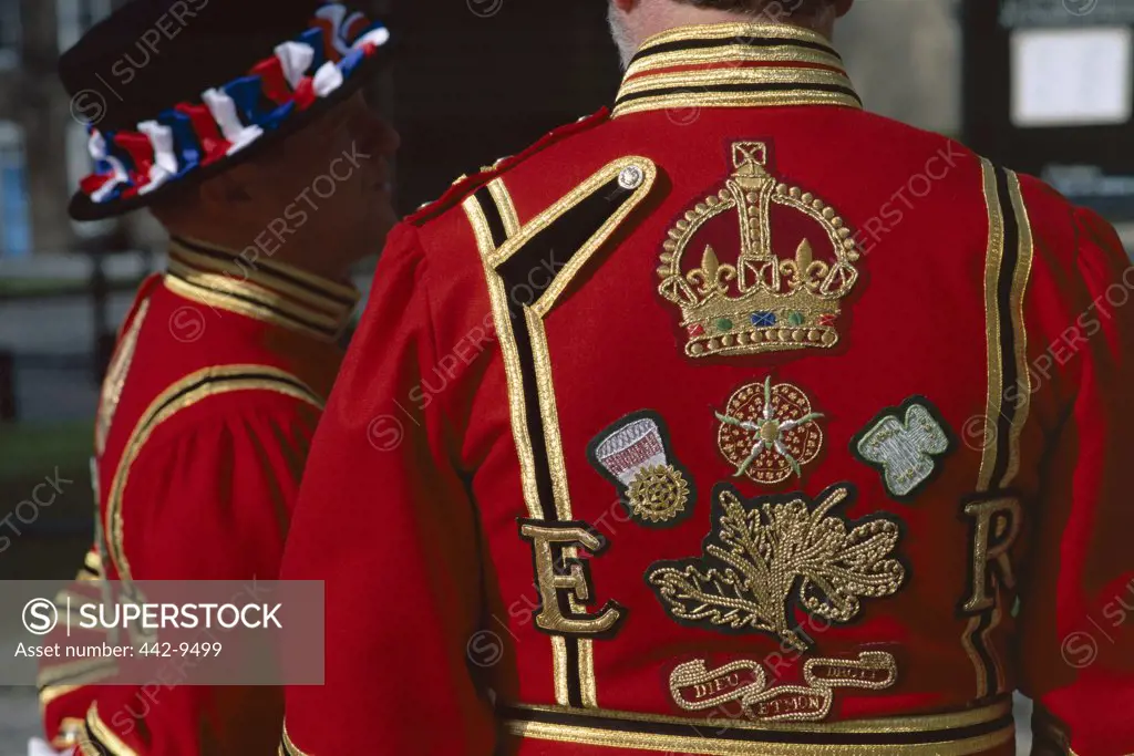 Close-up of two Beefeater costumes, London, England