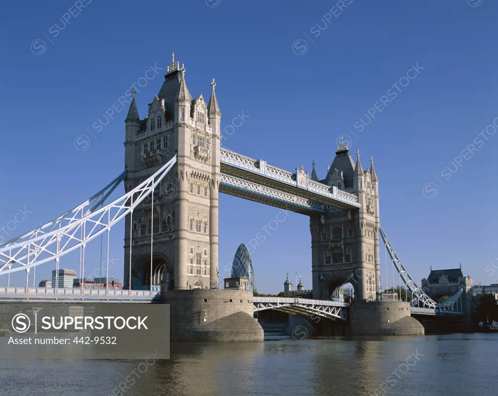 Low angle view of Tower Bridge on Thames River, London, England