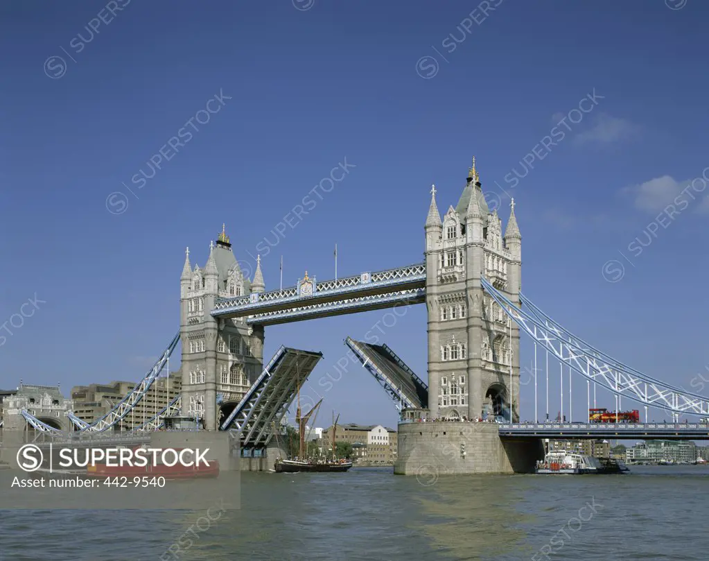 Low angle view of Tower Bridge on Thames River, London, England