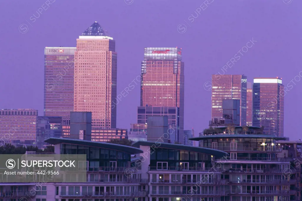 Buildings along Canary Wharf, Docklands, London, England