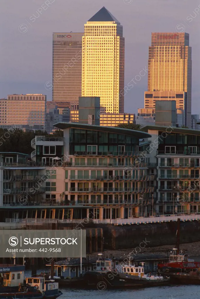 Buildings along Canary Wharf, Docklands, London, England