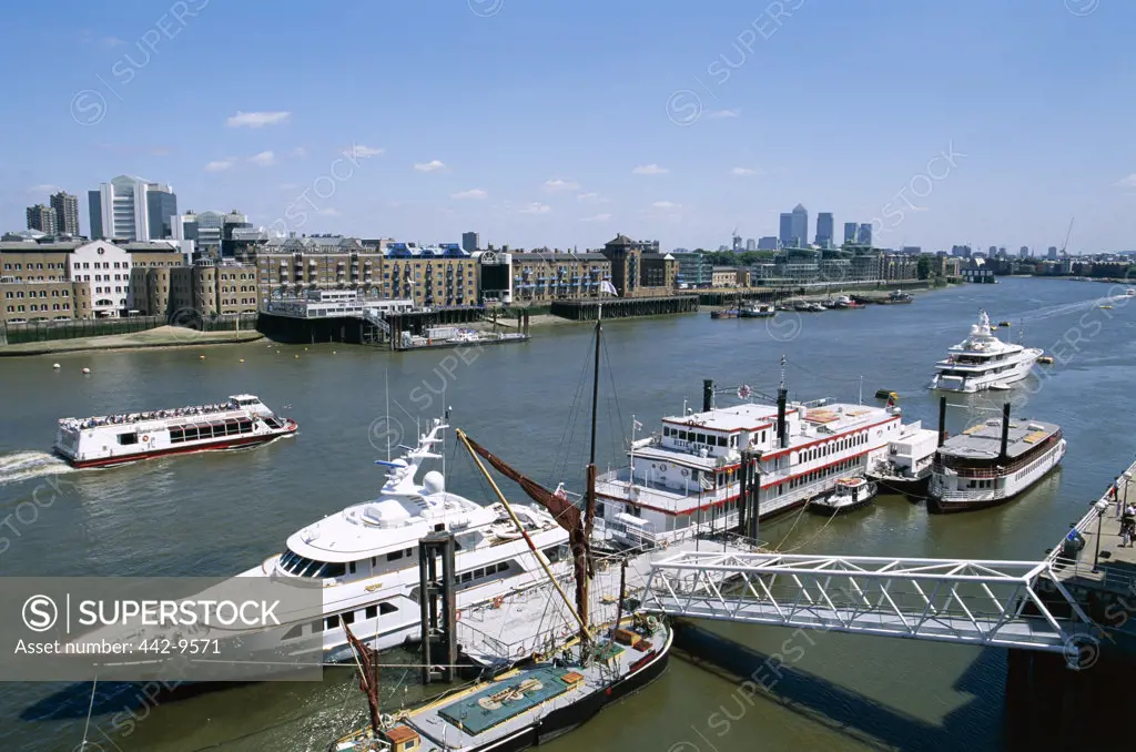 High angle view of boats on the Thames River, London, England