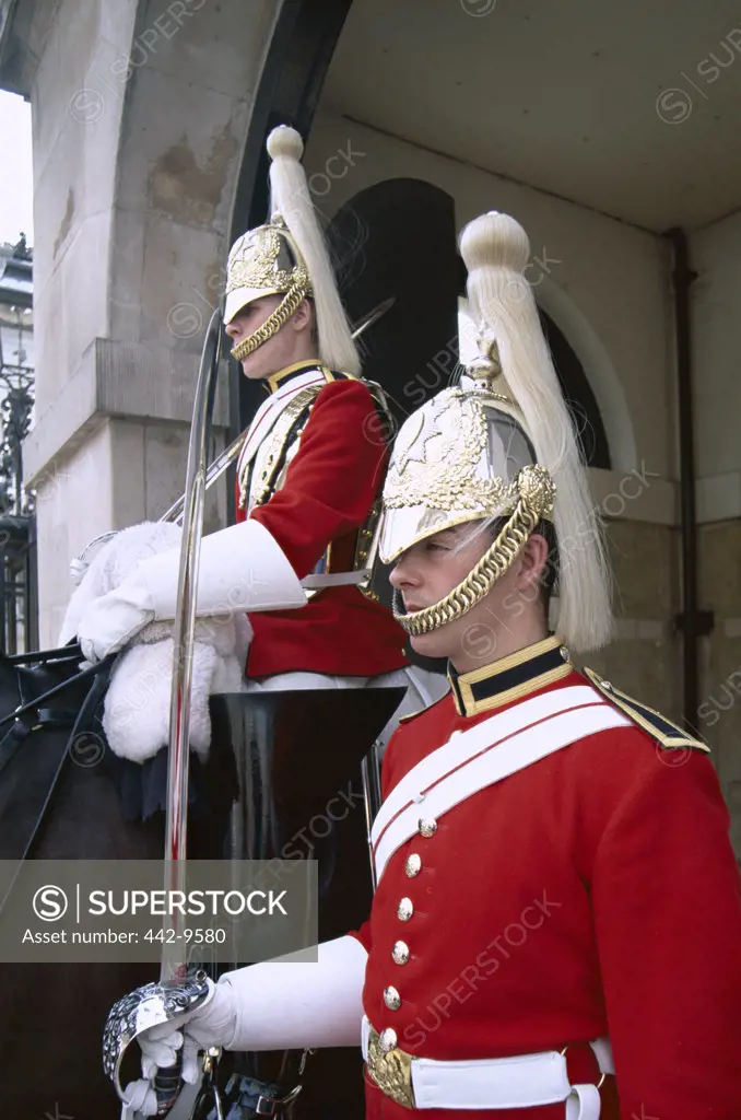 Side profile of two horse guards, London, England