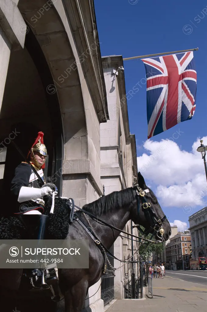 Low angle view of a horse guard, London, England