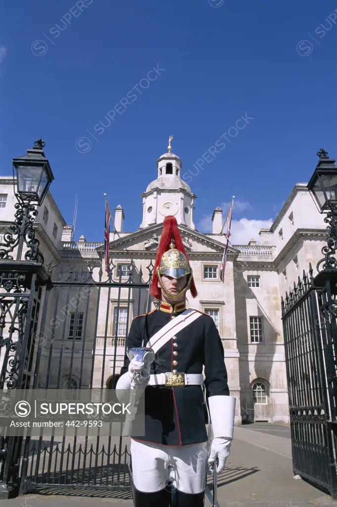 Horse guard standing in front of a gate, London, England