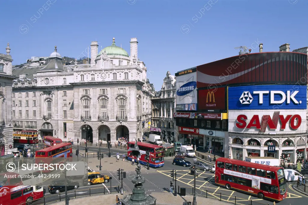 High angle view of double-decker buses, Piccadilly Circus, London, England