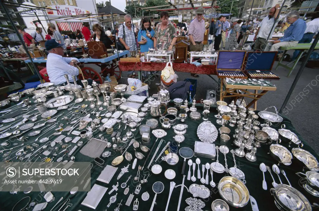 High angle view of silver cutlery at Portobello Road Antique Market, London, England