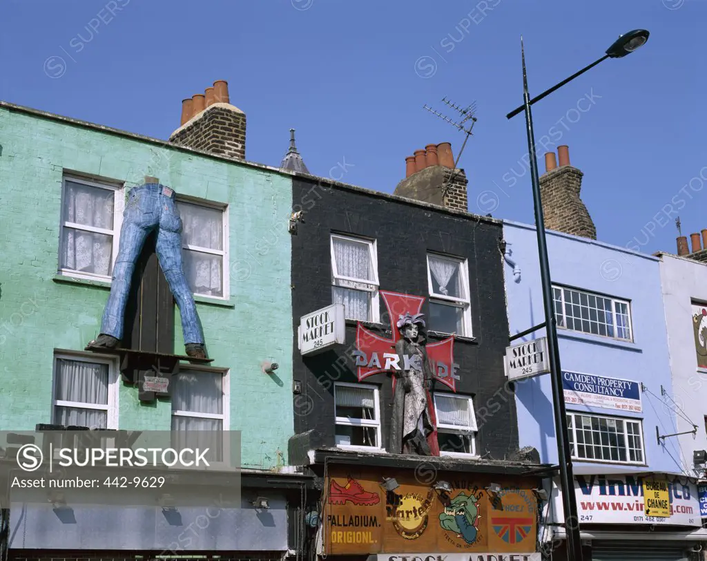 Low angle view of buildings at Camden High Street, Camden Town, London, England