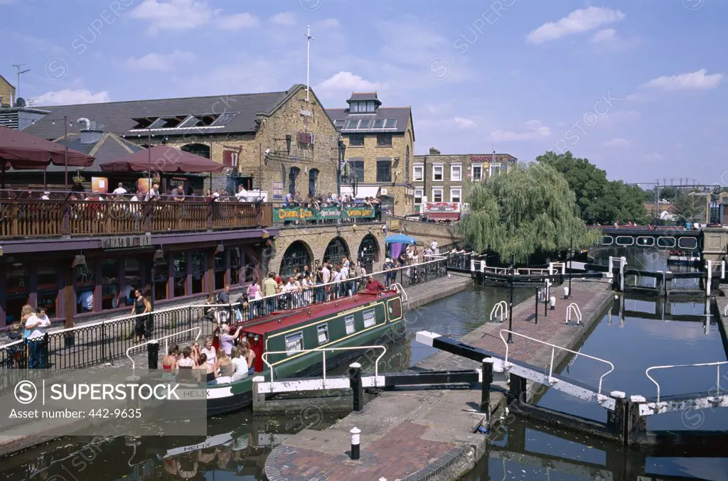 High angle view of Camden Lock, Camden Town, London, England