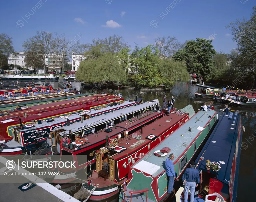 High angle view of canal boats at Regent's Canal, Little Venice, London, England