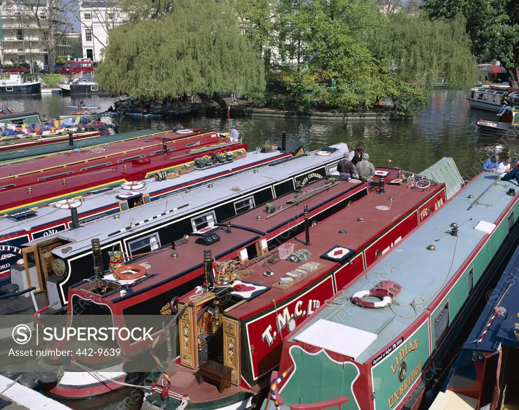 High angle view of canal boats at Regent's Canal, Little Venice, London, England