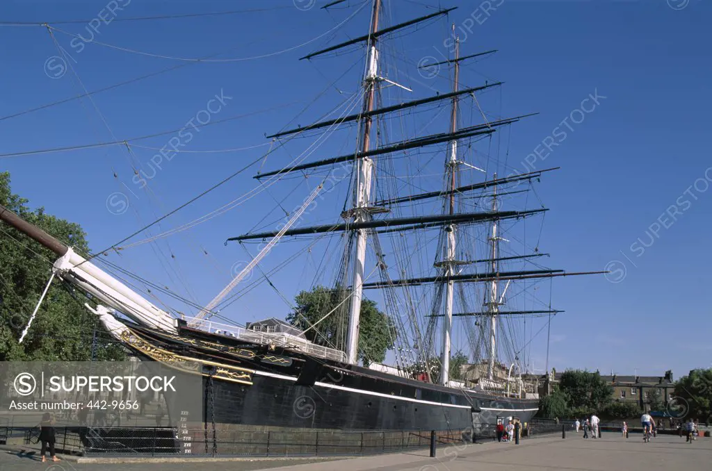 Low angle view of a tall ship, Cutty Sark Clipper Ship, Greenwich, London, England
