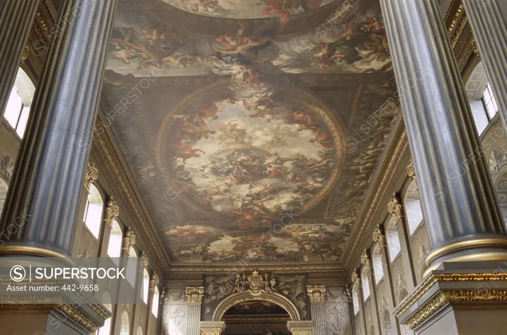 Low angle view of the ceiling of a corridor, Painted Hall, Old Royal Naval College, Greenwich, London, England