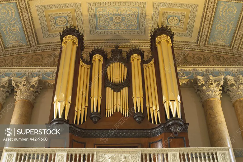 Low angle view of a pipe organ, Chapel, Old Royal Naval College, Greenwich, London, England