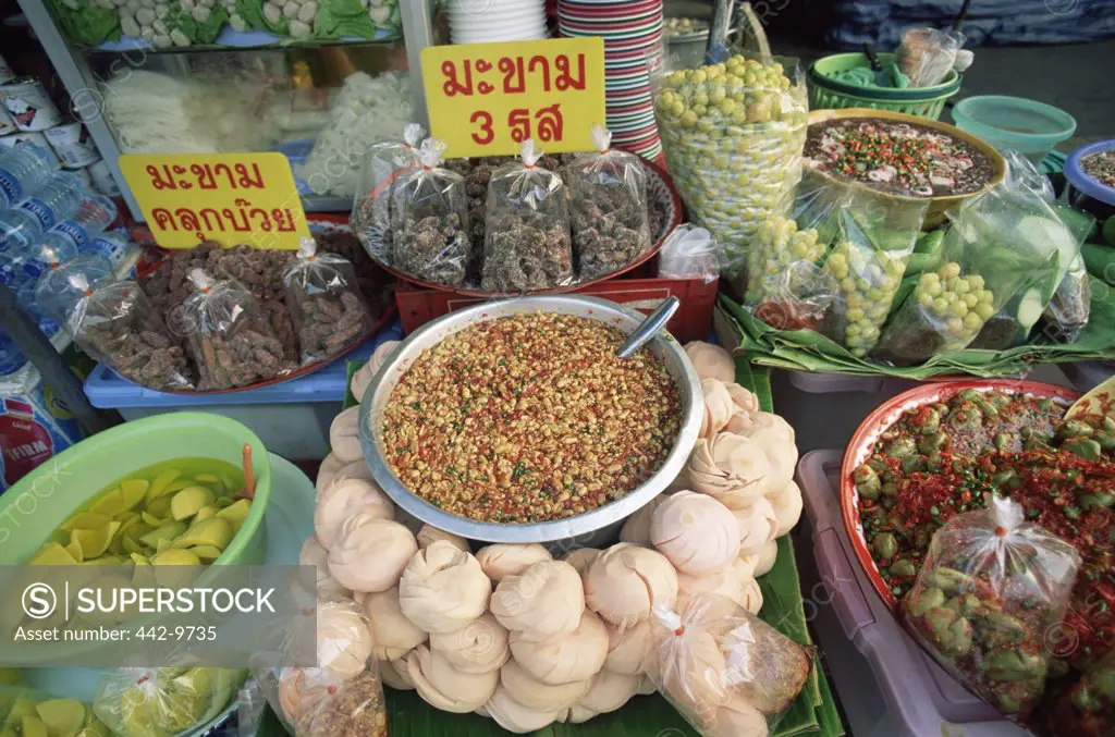 High angle view of groceries at a market stall, Bangkok, Thailand