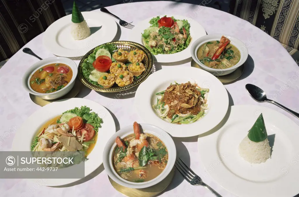 High angle view of a Thai meal on a table, Bangkok, Thailand