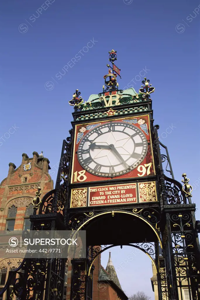 Low angle view of a clock tower, Eastgate Clock, Chester, England
