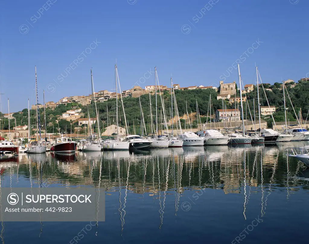 Boats moored in a harbor, Porto Vecchio, Corsica, France