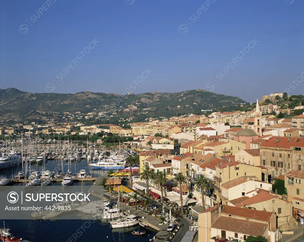 High angle view of buildings in a town, Calvi, Corsica, France