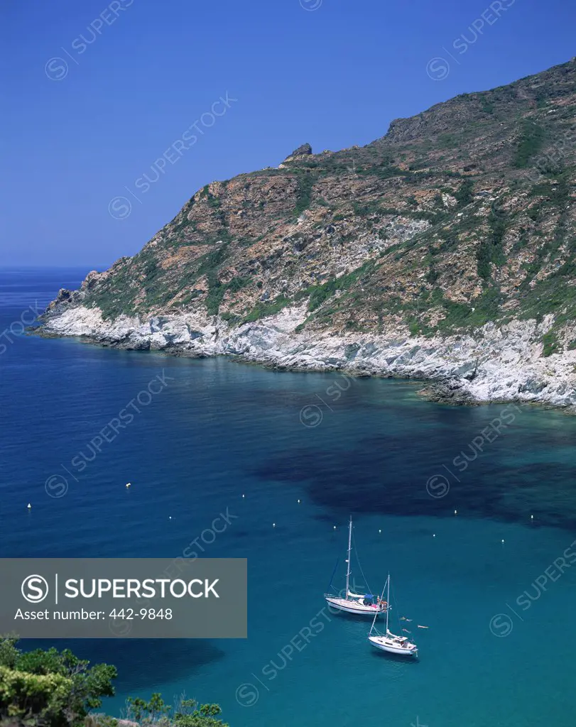 High angle view of two boats in the sea, Gulf of Sagone, Corsica, France