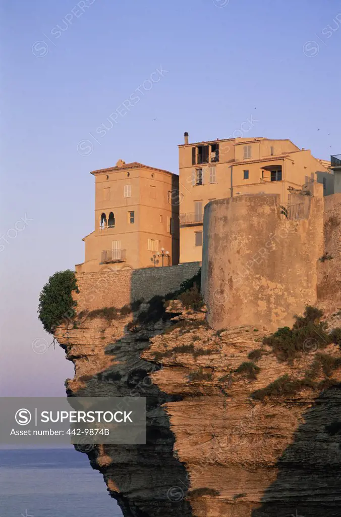 Buildings on a cliff, Haute Ville, Bonifacio, Corsica, France