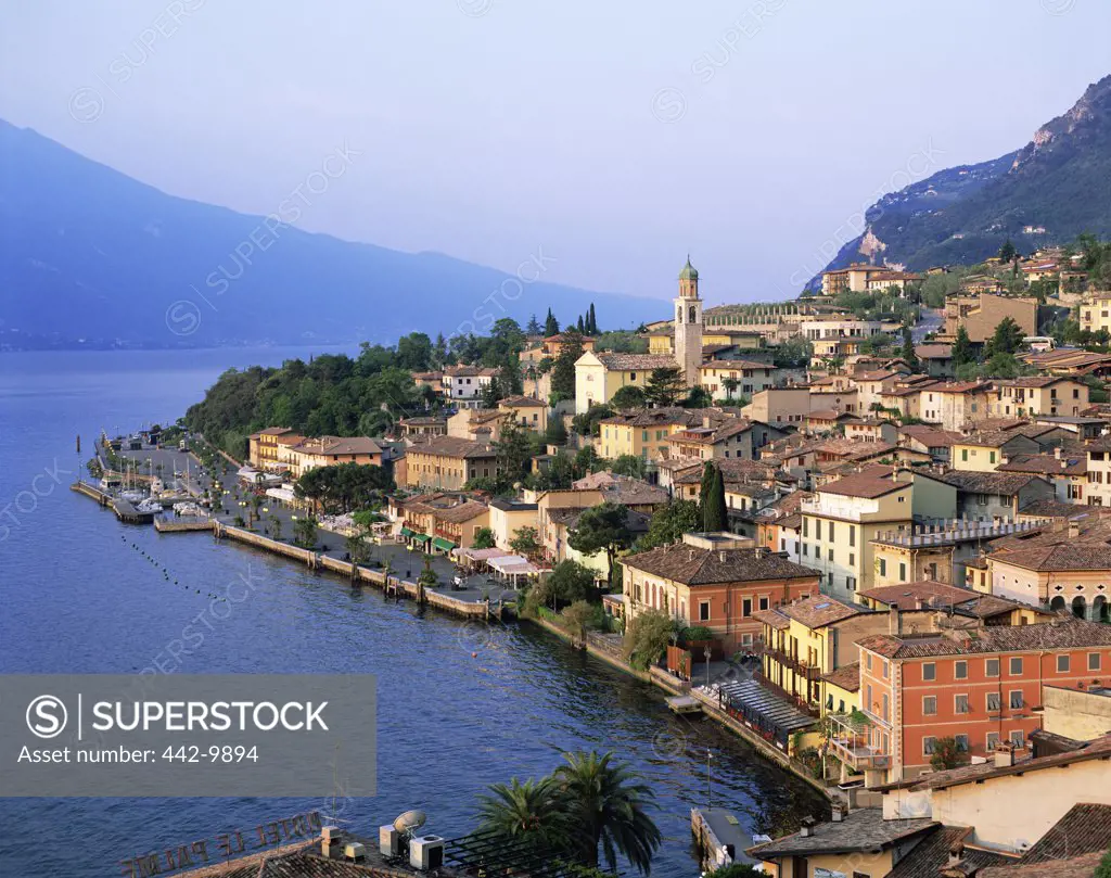High angle view of buildings on the waterfront, Lake Garda, Limone sul Garda, Lombardy, Italy