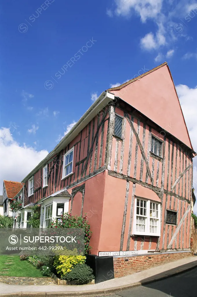 Low angle view of a cottage in a village, Lavenham, Suffolk, England