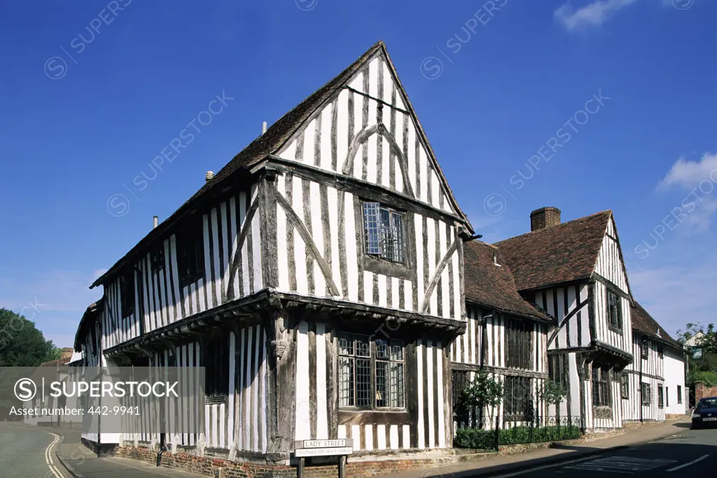 Low angle view of a cottage in a village, Old Wool Market Town, Lavenham, Suffolk, England