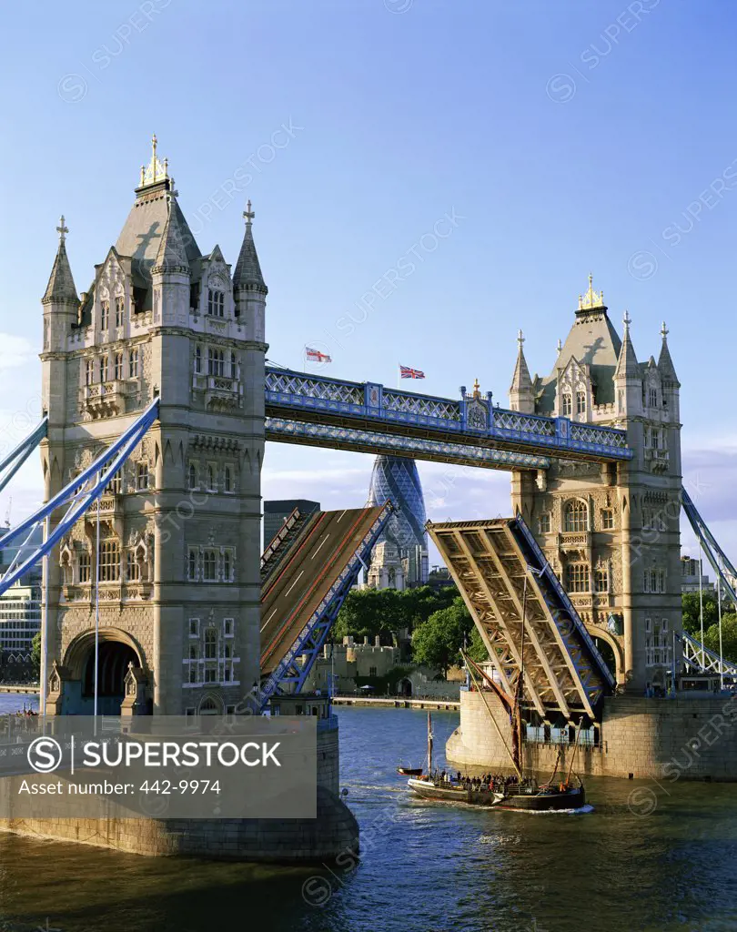 Drawbridge across a river, Tower Bridge, London, England
